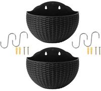 Eastuy 2PCS Imitation Rattan Wall Hanging Flower Pot, Half Round Han-ging Planter Outdoor with Drainage Hole and Hooks, Plasti-c Ga-rden Basket for Balcony Fence, Indoor Outdoor