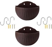 Eastuy 2PCS Imitation Rattan Wall Hanging Flower Pot, Half Round Han-ging Planter Outdoor with Drainage Hole and Hooks, Plasti-c Ga-rden Basket for Balcony Fence, Indoor Outdoor