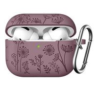 Easuny Flower Engraved Case Compatible with AirPods Pro 2 Case Cover 2022, Soft Silicone Case for Apple AirPods Pro 2nd/1st Generation, Shockproof Case with Carabiner [Front LED Visible], SmokyViolet