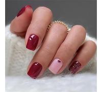 Easy Apply Artificial Nails Glitters Heart Design Short Square Shape False Nails for Busy Women Party Decorations Valentine Press on Nail