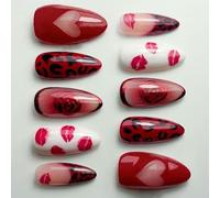 Easy Apply Artificial Nails Pack of 30 with Stylish Red Lips Heart Rose Pattern Artificial Nails for Women Unguis Art Set
