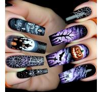 Easy Apply Halloween Fake Nails 24Pcs Spiders Web Ghosted Design Almond Shaped ABS Build Nails For Costume Parties Halloween Press On Nail Purple Ballet