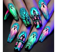 Easy Apply Halloween Fake Nails Blue Spiders Web Ghosted Design Long ABS Build Nails For Costume Parties 24Pcs/set Halloween Blue Ghostly Forest Ballet Press On Nail