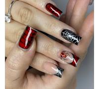 Easy Apply Halloween Press On Silver Spiderweb French Tip Coffin Print ABS Reusable Pattern Halloween Stick On