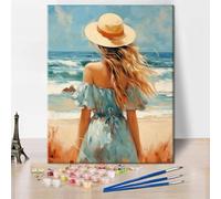 Easy Beautiful Girl Oil Painting by Number Set for Beginners DIY Girl in Hat on The Beach Paint by Numbers Crafts for Adults Watercolor Drawing Kit Paint and Brushes 16x20 Inch Without Frame