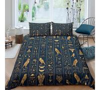 Easy Care 3D Microfiber Ancient Egyptian hieroglyphs Duvet Cover Breathable Bedding Sets with Pillowcases Gold ornate Bed Quilt Cover All Season Soft Machine Washable for Home Decor King（220x240cm）