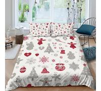 Easy Care 3D Microfiber Christmas Icons Bed Quilt Cover Soft Bedding Sets with Matching Pillowcase Red Grey Pattern Style Duvet Cover Set All Season Machine Washable for Home Decor Double（200x200cm）