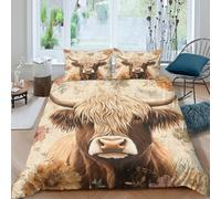 Easy Care 3D Microfiber Highland cow art Bed Quilt Cover Soft Bedding Sets with Matching Pillowcase Floral vintage style Duvet Cover Set All Season Machine Washable for Home Decor Double（200x200cm）