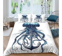 Easy Care 3D Microfiber Jellyfish with anchor Quilt Cover Breathable Bedding Set with Pillowcases Tattoo style Bedding Quilt Cover All Season Machine Washable for Kids Teens Adults King（220x240cm）