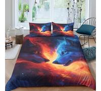 Easy Care 3D Microfiber Red wolf fantasy Bed Quilt Cover Soft Bedding Sets with Matching Pillowcase Blue wolf mystical art Duvet Cover Set All Season Machine Washable for Home Decor Double（200x200cm）