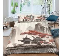 Easy Care 3D Microfiber traditional pavilion Bed Quilt Cover Soft Bedding Sets with Matching Pillowcase Chinese ink paint Duvet Cover Set All Season Machine Washable for Home Decor King（220x240cm）