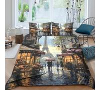 Easy Care 3D Print Microfiber Paris Street Bed Quilt Cover Breathable Bedding Set with Pillow Shams Impressionist Cityscape Duvet Cover Set All Season Machine Washable for Home Decor King（220x240cm）