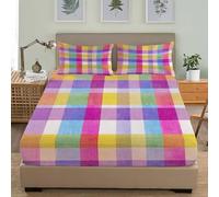Easy Care Bedding Set Classic Plaid Pattern Fitted Sheet Extra Deep Pocket 30 cm Soft Microfiber Anti Wrinkle Colorful Fitted Sheet 48x75 inch for 4ft Small Double Bed, with 2 Pillowcases