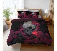 Easy Care Black Red Anime Duvet Cover Fantasy Flowers Skull Durable Fabric 2 Pillowcases Included Microfiber For Kids Children Teens Boys Girls Comforter Cover 79"x79"