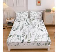Easy Care Deep Fitted Sheets Double Bed (30 cm), Breathable Lightweight Pastoral Branches Watercolor Leaves Bed Sheet,Microfiber Elasticated Corner Bedding 135x190cm Fitted Sheet Sage Green