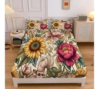 Easy Care Deep Fitted Sheets Single Bed (30 cm), Breathable Lightweight Retro Pastoral Floral Peony Sunflower Bed Sheet,Microfiber Elasticated Corner Bedding 90x190cm Fitted Sheet Cream