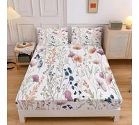 Easy Care Deep Fitted Sheets Super King Bed (30 cm), Breathable Lightweight Pastoral Illustration Watercolor Wildflowers Bed Sheet,Microfiber Elasticated Corner Bedding 180x200cm Fitted Sheet White