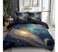Easy Care Double Duvet Cover, 200 x 200 cm Brushed Microfiber Breathable Anti-wrinkle Reversible Fantasy Universe Space Planet Printed Quilted Bedding With Zipper Closure - Black