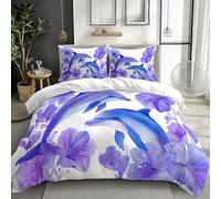 Easy Care Double Duvet Cover, 200 x 200 cm Brushed Microfiber Breathable Anti-wrinkle Reversible Watercolor Cute Sea Animals Dolphin Printed Quilted Bedding With Zipper Closure - Cream