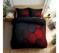 Easy Care Duvet Cover Set 230 × 220 cm, Soft Reversible Abstract Futuristic Geometric Hexagons Quilt Cover, Red Machine Washable Bedding Set With Zipper Closure, King Size