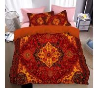 Easy Care Duvet Cover Set Double Bed Soft Touch Bedding Burnt Orange Machine Washable Floral geometric Duvet Cover and delicate Bohemian floral Quilt Cover with Zipper Closure & Corner Ties,200*200cm