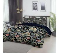 Easy Care Duvet Cover Set, William Morris Flowers Leaves Printed Dark Blue Super Soft Cosy Breathable Reversible Duvet Cover, King for All Seasons Bedding Set + 2x Pillowcase