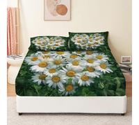 Easy Care Fitted Sheet Heart Shaped White Daisies Breathable Printed Bedding Multicolor Machine Washable Soft Bed Sheets with Pillowcases 180 x 200 + 30 CM