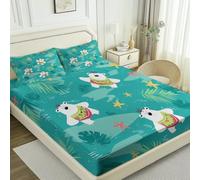 Easy Care Fitted Sheets 53" x 75", Blue Green Breathable Microfiber Cute Bear And Palm Leaves Printed Fitted Sheet - for Single Double King Bed with Elastic Soft and Comfy