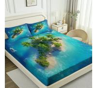 Easy Care Fitted Sheets 53" x 75", Blue Green Breathable Microfiber Painting Island Palm Trees Printed Fitted Sheet - for Single Double King Bed with Elastic Soft and Comfy