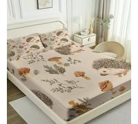 Easy Care Fitted Sheets 59" x 79", Brown Green Breathable Microfiber Forest Cute Hedgehog Printed Fitted Sheet - for Single Double King Bed with Elastic Soft and Comfy