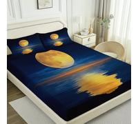 Easy Care Fitted Sheets 71" x 79", Yellow Blue Breathable Microfiber Surrealism Moon Printed Fitted Sheet - for Single Double King Bed with Elastic Soft and Comfy