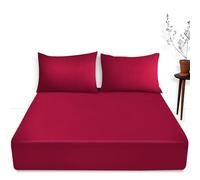 Easy Care Plain Dyed Fitted Bed Sheet - 16” / 40 cm Deep Pocket Bedsheet With Elastic Corners - Breathable & Comfy Bedding Sheet Red, Single