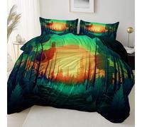 Easy Care Reversible Pattern Printed Duvet Cover, 3D Abstract Forest Sunset Theme Duvet Cover 230 x 220 cm With 2 Pillow Cases, Comfortable breathable and machine washable Bedding, Green