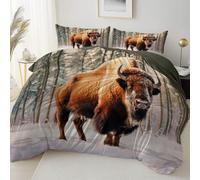 Easy Care Reversible Pattern Printed Duvet Cover, Animal Photography American Bison Snow Theme Duvet Cover 135 x 200 cm With 2 Pillow Cases, Comfortable breathable and machine washable Bedding, Green