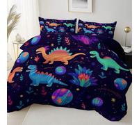 Easy Care Reversible Pattern Printed Duvet Cover, Dream Space Galaxy Dinosaur Theme Duvet Cover 135 x 200 cm With 2 Pillow Cases, Comfortable breathable and machine washable Bedding, Purple
