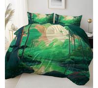 Easy Care Reversible Pattern Printed Duvet Cover, Dreamlike Forest Lake Sun Theme Duvet Cover 230 x 220 cm With 2 Pillow Cases, Comfortable breathable and machine washable Bedding, Green