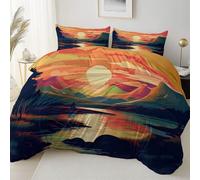 Easy Care Reversible Pattern Printed Duvet Cover, Landscape Illustration Forest Sunset Theme Duvet Cover 200 x 200 cm With 2 Pillow Cases, Comfortable breathable and machine washable Bedding, Yellow