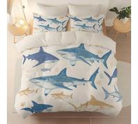 Easy Care Reversible Pattern Printed Duvet Cover, Minimalist Marine Animals Shark Theme Duvet Cover 200 x 202 cm With 2 Pillow Cases, Comfortable breathable and machine washable Bedding, Cream