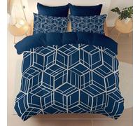 Easy Care Reversible Pattern Printed Duvet Cover, Modern Minimalist Geometric Lines Theme Duvet Cover 200 x 200 cm With 2 Pillow Cases, Comfortable breathable and machine washable Bedding, Navy Blue