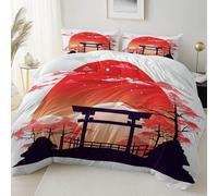 Easy Care Reversible Pattern Printed Duvet Cover, Oriental Sunset Cherry Blossoms Cabin Theme Duvet Cover 230 x 220 cm With 2 Pillow Cases, Comfortable breathable and machine washable Bedding, Apricot