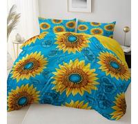 Easy Care Reversible Pattern Printed Duvet Cover, Retro Plants Sunflowers Theme Duvet Cover 135 x 200 cm With 2 Pillow Cases, Comfortable breathable and machine washable Bedding, Yellow