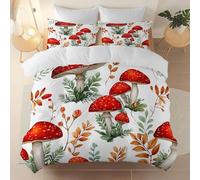 Easy Care Reversible Pattern Printed Duvet Cover, Simple Watercolor Mushrooms Leaves Theme Duvet Cover 230 x 221 cm With 2 Pillow Cases, Comfortable breathable and machine washable Bedding, Cream