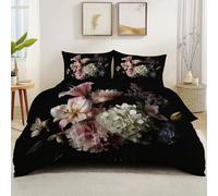 Easy Care Super King Duvet Cover Set, Plant Peony Print Reversible Bedding Set, Black Soft Brushed Microfibre Quilt Cover with Zipper Closure, 2 Pillowcases (102" x 95")