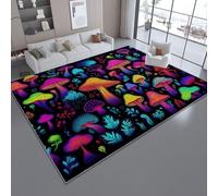 Easy Clean Non-Slip Area Rug Black, Durable Low Pile Foldable Psychedelic Mushrooms Neon Cartoon Printed Carpet for Living Room Kitchen Foyer Kids Room, 80 x 150 cm/31.4 x 59 Inch