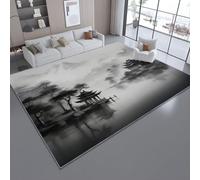Easy Clean Non-Slip Area Rug Dark Gray, Durable Low Pile Foldable Minimalist Chinese Style Ink Painting Architecture Printed Carpet for Living Room Kitchen Foyer Kids Room, 60 x 90 cm