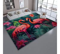 Easy Clean Non-Slip Area Rug Dark Green, Durable Low Pile Foldable Vintage Flamingo Illustration Jungle Printed Carpet for Living Room Kitchen Foyer Kids Room, 80 x 150 cm/31.4 x 59 Inch
