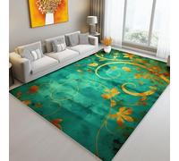 Easy Clean Non-Slip Area Rug Green Gold, Durable Low Pile Foldable Elegant Floral Leaves Lines Printed Carpet for Living Room Kitchen Foyer Kids Room, 60 x 90 cm