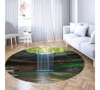 Easy Clean Round Rugs Deep Forest Backdrop Waterfall Streams Greenery Natural Landscape Thin Carpet Living Study Room Bedroom 200cm