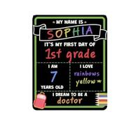 Easy-Erase School Chalkboard, First and Last Day of School Reusable Sign, Black Board with Green and Blue Borders, Name Banner, First-Day and Last-Day Prompts, and School-Themed Writing Areas