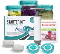 Easy Fermenter Fermentation Starter Set, Includes 3 Airlock Fermentation Lids and 3 Glass Weights, Sauerkraut Fermenting Kit for Wide Mouth Mason Jar, Pickles, Vegetables, & Kimchi Making Kit